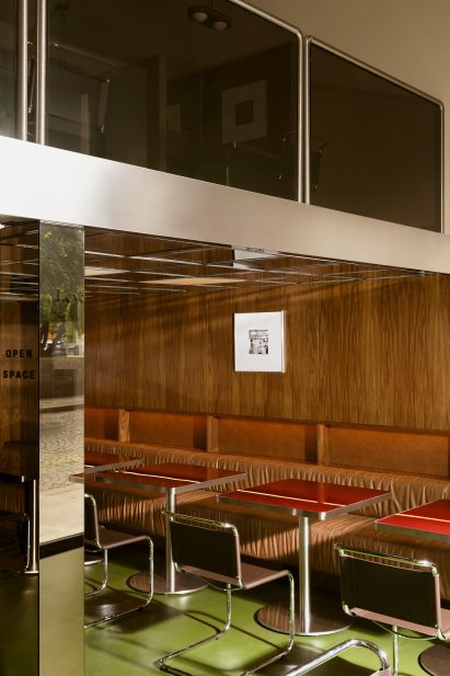 Seating area beneath mezzanine