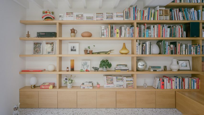 Wooden shelves with books
