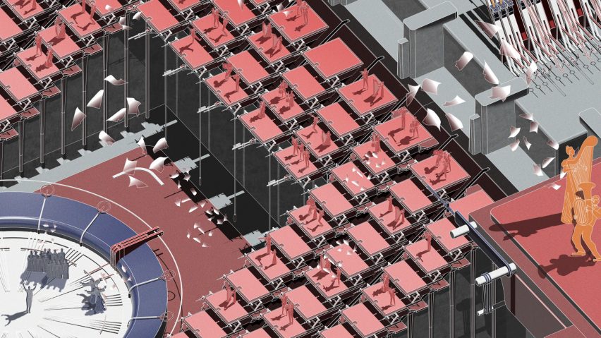 Perspective drawing of people engaged in worship