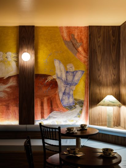 Interior of dining room with artworks