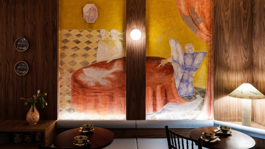 Interior of Banh Banh restaurant with colourful wall
