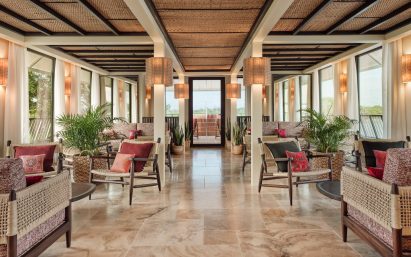 Locally sourced wood, stone and textiles in the upper deck bar