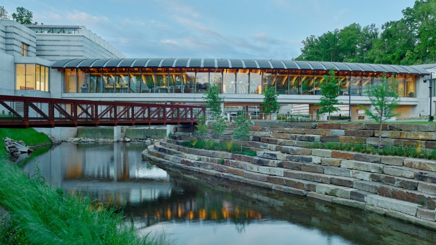 A cafe bridge connects two new galleries