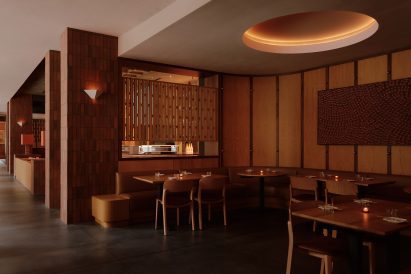 Wood panelling, latticed screens and clay tiles in a restaurant