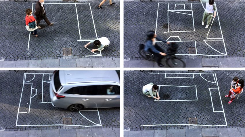 images showing a hand drawn diagram on the floor of a public space