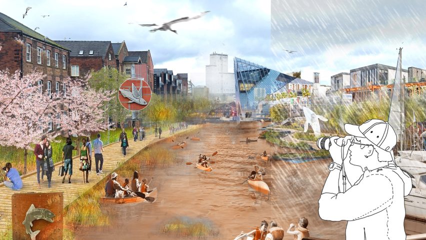 Collage style image showing river in city