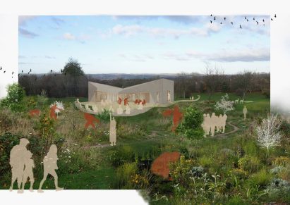 Collage style image showing green landscape with angular structure and populated with figures