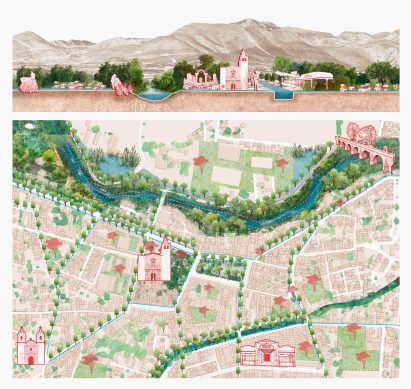 Section view and plan view of a town with a river and canal running through it