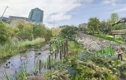Collage style image showing river in city with illustrative lines overlaid to pick out foreground detail
