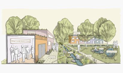 Illustration showing buildings surrounding a central green and stream