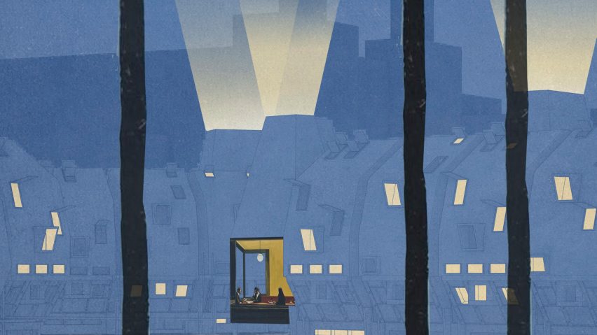 Visualisation in blue tones with trees in foreground and windows picked out in yellow