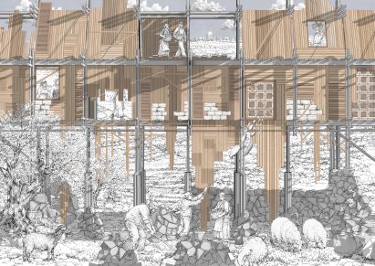 Illustration showing goats and sheep grazing as well as figures constructing a multi-storey structure from timber 