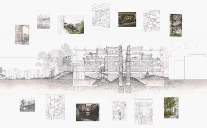Sectional view of building with detailed renders around it
