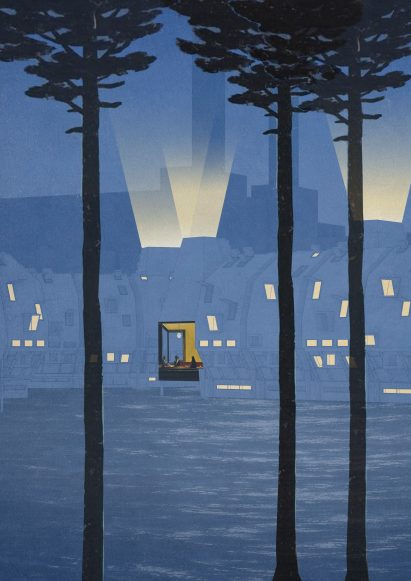 Visualisation in blue tones with trees in foreground and windows picked out in yellow