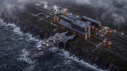 Bird's eye view render for a regenerative coastal settlement prototype
