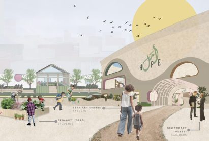 Render of educational space with illustrative elements added to it, including a large, yellow sun