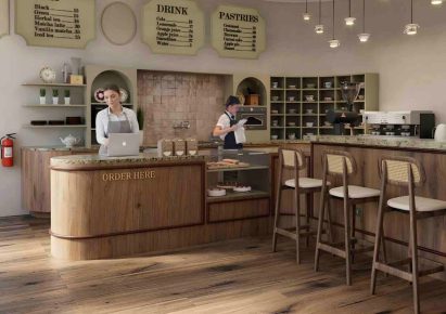 Render of a coffee shop with staff behind the counter