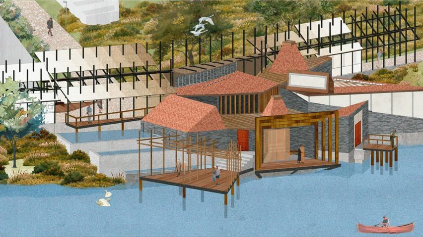 Illustration of a building in water