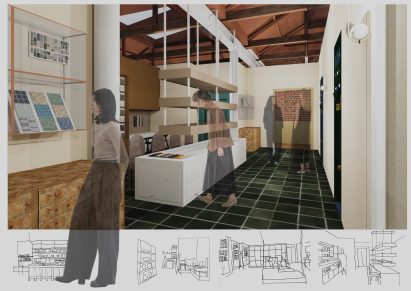 Visualisation showing a mixed-use interior