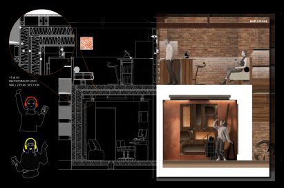 Collage of visualisations and drawings showing a recording studio