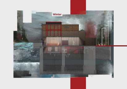 Sectional view of partially submerged building