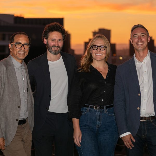 Dezeen Co-CEO Benedict Hobson with panellists at Trimble SketchUp talk in San Diego