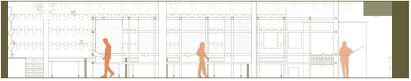 Graphic illustration of inside of building with orange figures