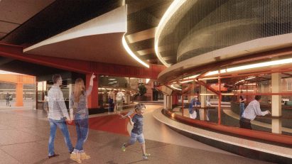 Render of an interior space that has been built under a road bridge.