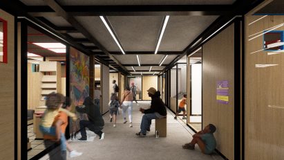Computer generated render of a community space with bi-folding french doors on the lower level.