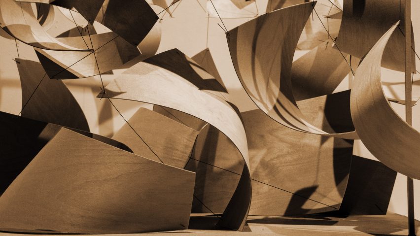 Photo of installation with curved pieces of wood