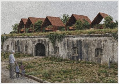Illustration of an old fort with contemporary architecture features