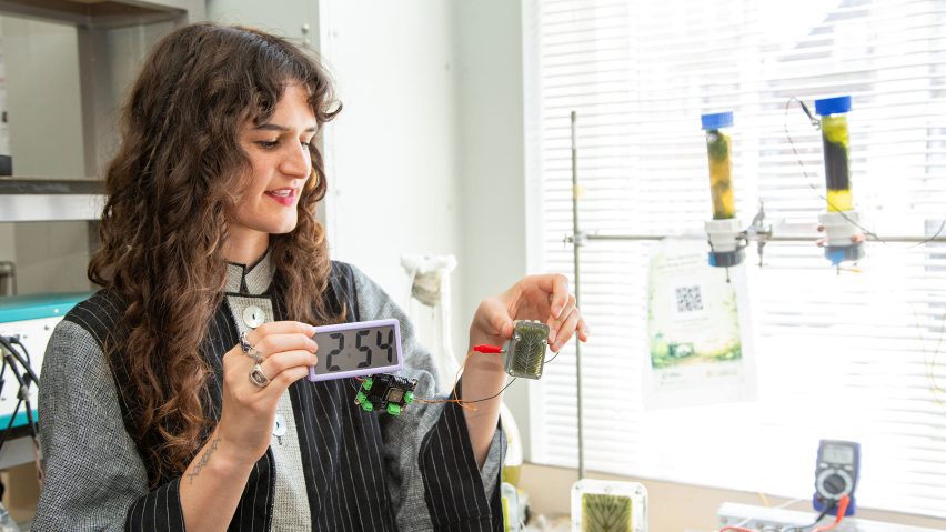 Photo of Lucia Giron with an algae biocell at the University of Cambridge