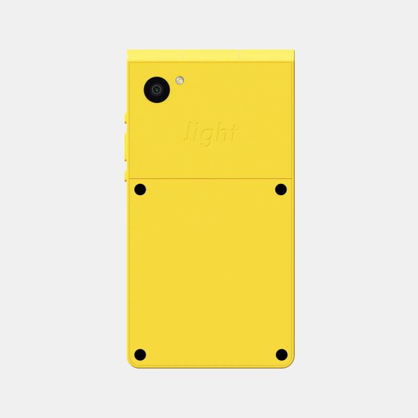 Image of the rear of a yellow Light Flip phone, showing a case with a single camera lens at the top and four mini black screws on a removable back panel