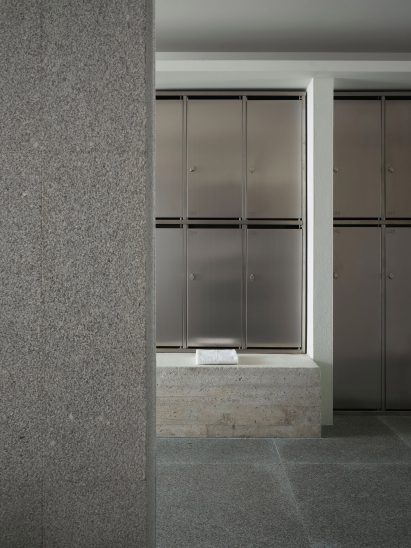 Metal lockers and concrete bench