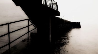 Image of a structure with railing descending into a body of water