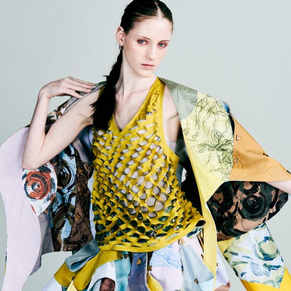 Model wearing fragmented garment
