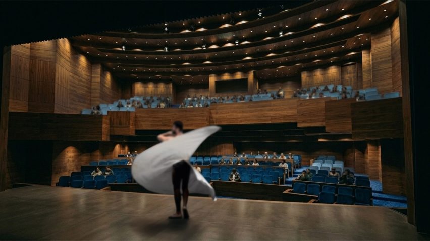 Render of a theatre with people dancing on the stage