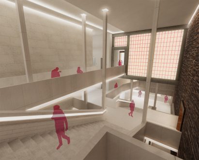 Render of a museum with pink figures
