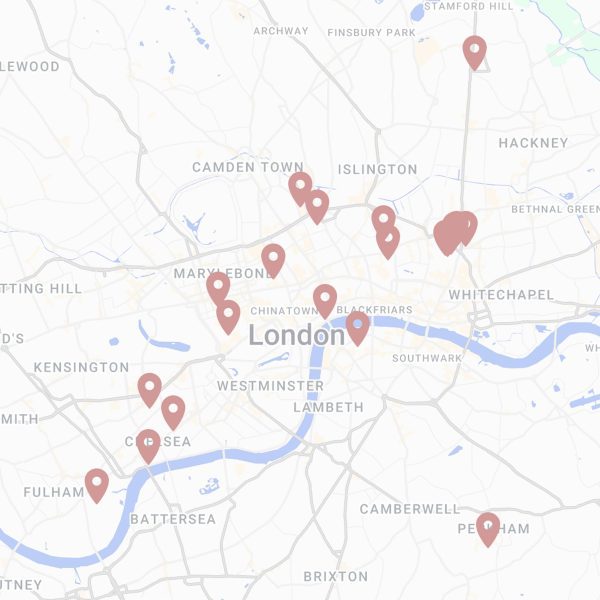 Map of London with pink pins