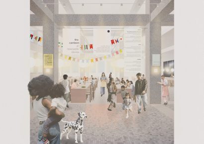 Render of a civic landmark with people inside 