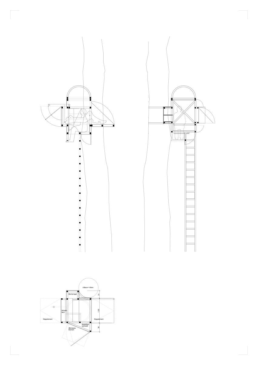 Section and plan of the Baumhaus Office treehouse in Weimar by Opposite Office