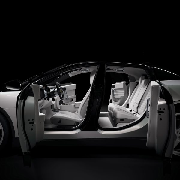 Interior of special edition all-white Ferrari EV