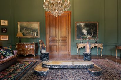 Nicolas Zanoni furniture in drawing room for God Speed exhibition by Uppercut at Chateau de Spycker