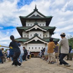 Hirosaki Castle pulled by volunteers in Japan