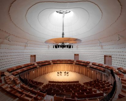 Acoustics shape design of copper-clad concert hall in Evian