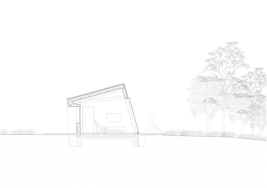 Section of Modular home with sloping facade by Papundekl Architects
