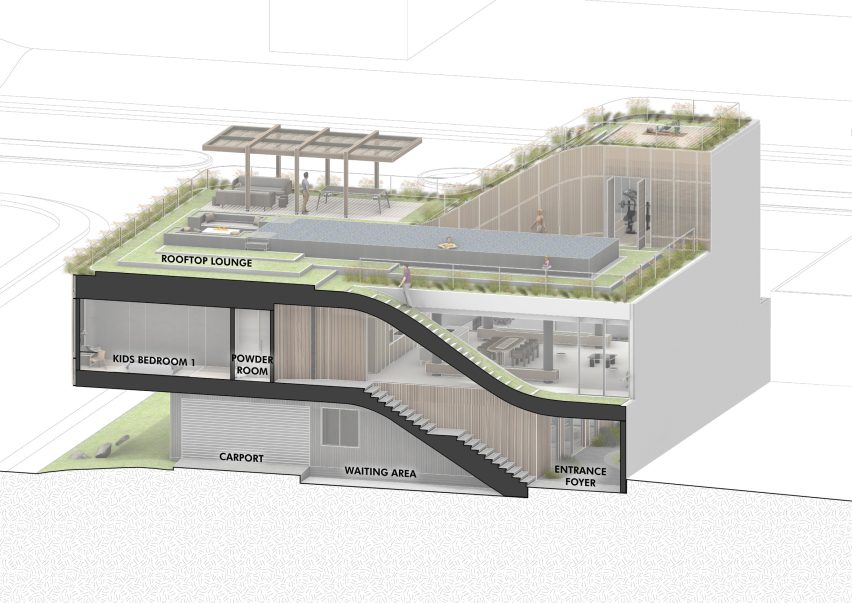 Sectional diagram of Split Mass Residence by K-Thengono Design Studio