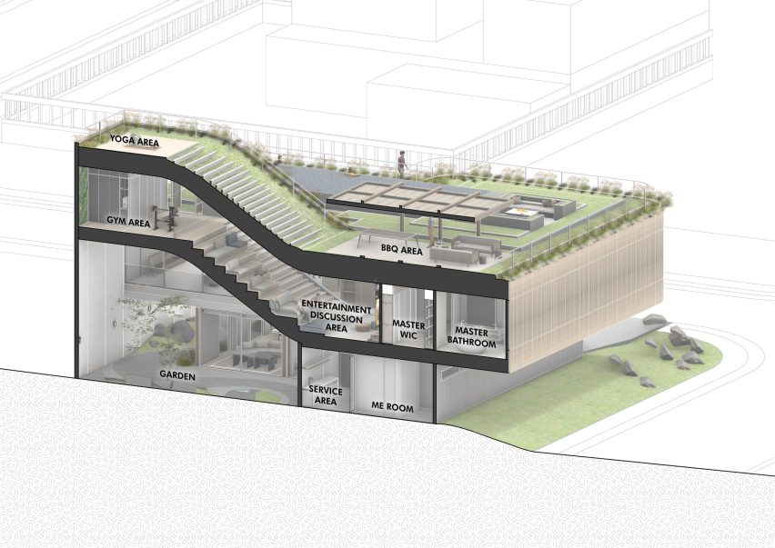 Sectional diagram of Split Mass Residence by K-Thengono Design Studio