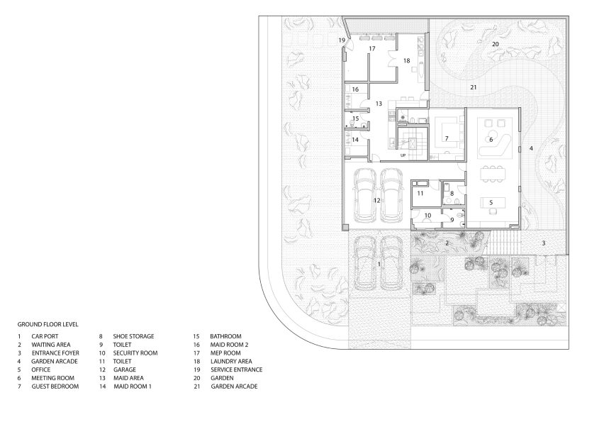 Ground floor plan of Split Mass Residence by K-Thengono Design Studio