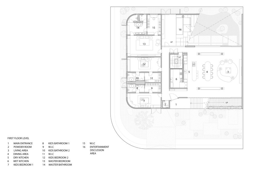 First floor plan of Split Mass Residence by K-Thengono Design Studio